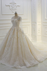 Long Sleeves Ball Gown Wedding Dress with Beading & Lace Appliques