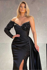 Long Sleeves Black Sweetheart Mermaid Prom Dress with Sequins