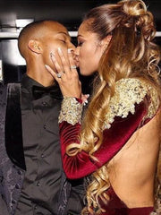 Long Sleeves High Neck Court Train With Applique Velvet Dresses