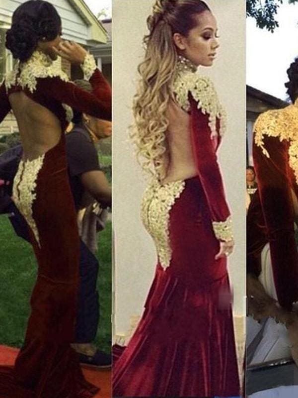 Long Sleeves High Neck Court Train With Applique Velvet Dresses