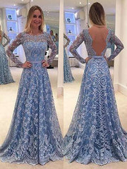 Long Sleeves Lace A-line Floor-Length Bateau With Ruffles Dresses