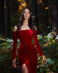 Long Sleeves Mermaid Burgundy Off the Shoulder Velvet Evening Prom Dress with Slit
