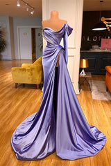 Long Sleeves Mermaid One Shoulder Satin Evening Prom Dress with Split
