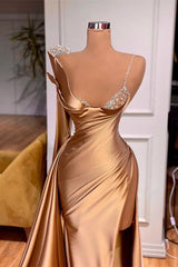 Long Sleeves Mermaid Spaghetti Straps Evening Prom Dress with Split