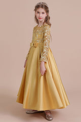 Long Sleeves Satin Flower Girl Dress for Ankle Length Look