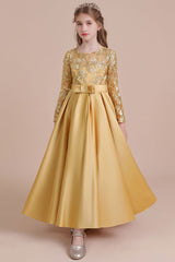 Long Sleeves Satin Flower Girl Dress for Ankle Length Look
