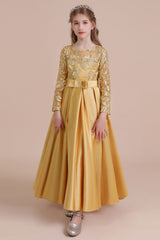 Long Sleeves Satin Flower Girl Dress for Ankle Length Look