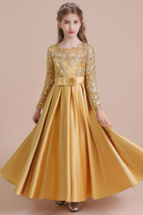 Long Sleeves Satin Flower Girl Dress for Ankle Length Look