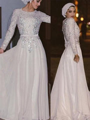 Long Sleeves Scoop A-line Floor-Length Crystal Chiffon Muslim Dresses