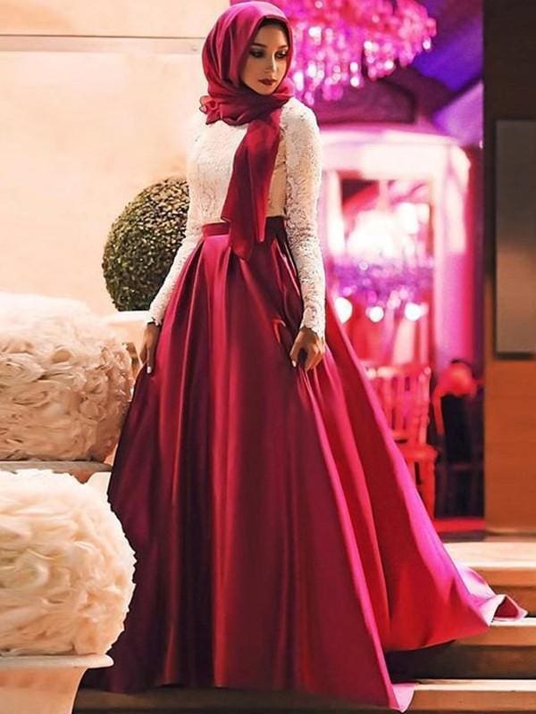 Long Sleeves Scoop A-line Sweep/Brush Train Lace Satin Muslim Dresses