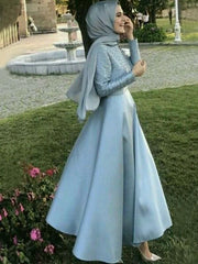 Long Sleeves Scoop Floor-Length With Beading Satin Muslim Dresses