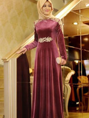 Long Sleeves Scoop Floor-Length With Ruffles Velvet Muslim Dresses