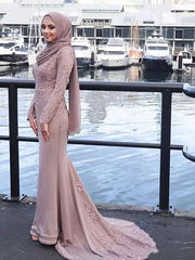 Long Sleeves Scoop Neck Applique Satin Muslim Dresses