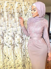 Long Sleeves Scoop Neck Applique Satin Muslim Dresses