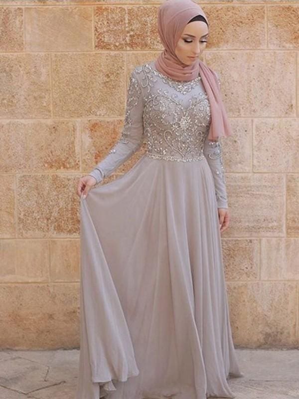 Long Sleeves Scoop Sweep/Brush Train Crystal Tulle Muslim Dresses