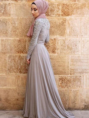 Long Sleeves Scoop Sweep/Brush Train Crystal Tulle Muslim Dresses