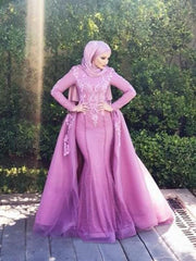 Long Sleeves Scoop Sweep/Brush Train With Applique Net Muslim Dresses