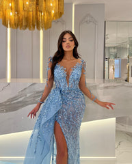 Long Sleeves Sweetheart Mermaid Tulle Lace Evening Prom Dress with Slit
