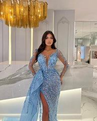 Long Sleeves Sweetheart Mermaid Tulle Lace Evening Prom Dress with Slit