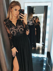 Long Sleeves V-Neck A-line Floor-Length With Applique Chiffon Dresses