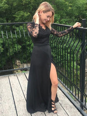 Long Sleeves V-Neck Floor-Length Lace Chiffon With Applique Dresses