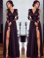 Long Sleeves V-Neck Floor-Length Lace Chiffon With Applique Dresses