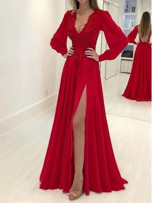 Long Sleeves V-Neck Sweep/Brush Train With Applique Chiffon Dresses