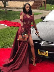 Long Sleeves V-Neck Sweep/Brush Train With Applique Satin Dresses