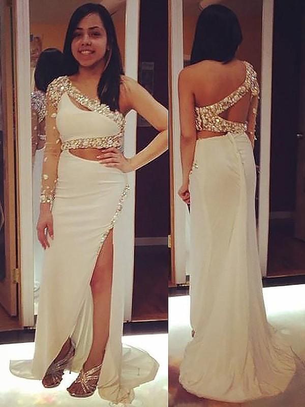 Long Sleeves With Beading Sweep/Brush Train Chiffon Dresses