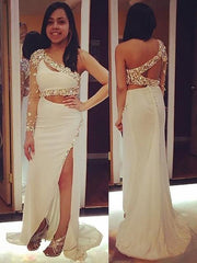 Long Sleeves With Beading Sweep/Brush Train Chiffon Dresses