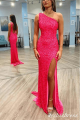 2024 Long Pink Prom Dresses Sequins One Shoulder Evening Gown with Split