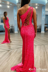 2024 Long Pink Prom Dresses Sequins One Shoulder Evening Gown with Split