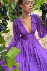 Look Fabulous in this Purple V-Neck Evening Dress with Long Sleeves and A-Line Design