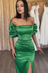 Look Stunning in this Emerald Off-the-Shoulder Long Evening Dress With Split