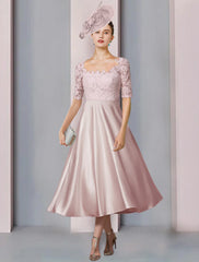 Aimishang  Two Piece A-Line Mother of the Bride Dress Wedding Guest Church Party Elegant Scoop Neck Tea Length Satin Lace Half Sleeve with Pleats