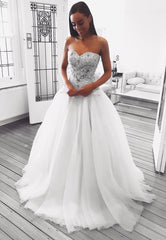 A-Line Strapless Lace Long Prom Dress, White Tulle Evening Dress