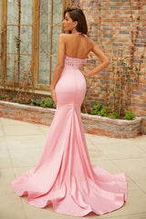 Lovely Pink Halter Lace Open Back Mermaid Prom Dress