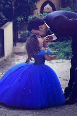 Lovely Royal Blue Off-the-Shoulder Tulle Flower Girl Dress On Sale
