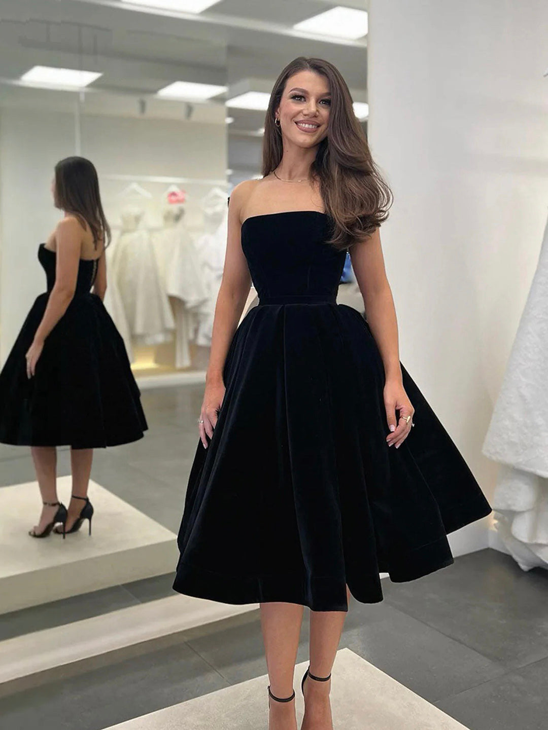 Black Strapless Velvet Short Prom Dress, Black A-Line Evening Party Dress