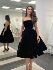 Black Strapless Velvet Short Prom Dress, Black A-Line Evening Party Dress