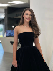 Black Strapless Velvet Short Prom Dress, Black A-Line Evening Party Dress