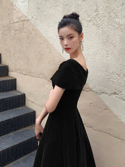 Black V-Neck Velvet Knee Length Prom Dress, Black Evening Party Dress