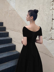 Black V-Neck Velvet Knee Length Prom Dress, Black Evening Party Dress