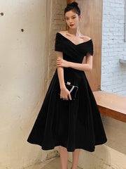Black V-Neck Velvet Knee Length Prom Dress, Black Evening Party Dress