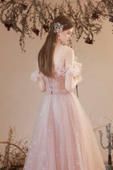 Pink Tulle Long A-line Prom Dress, Off the Shoulder Evening Dress