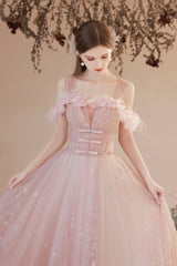 Pink Tulle Long A-line Prom Dress, Off the Shoulder Evening Dress