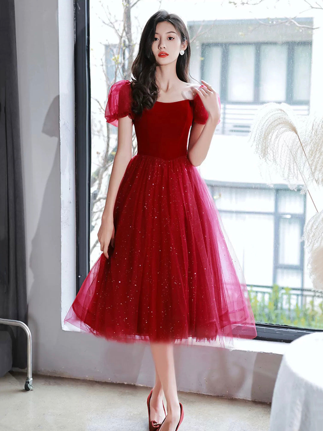 Burgundy Velvet Tulle Short Prom Dress, Off Shoulder Knee Length Party Dress