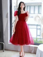 Burgundy Velvet Tulle Short Prom Dress, Off Shoulder Knee Length Party Dress