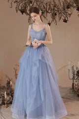 Blue V-Neck Tulle Lace Long Prom Dress, Lovely Spaghetti Straps Evening Dress