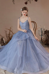 Blue V-Neck Tulle Lace Long Prom Dress, Lovely Spaghetti Straps Evening Dress